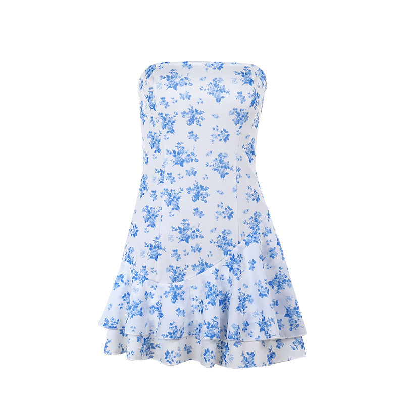 Floral Print Strapless Tube Drop Waist Ruffle Hem Mini Dress 3