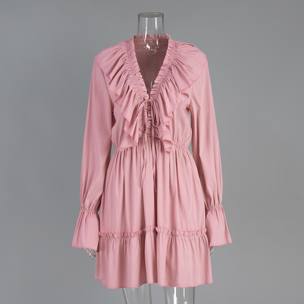 Deep V-Neck Long Sleeve Ruffle Tiered Mini Dress 8