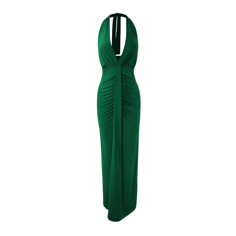 Deep V-Neck Halter Backless Ruched Drape Front Maxi Dress 2