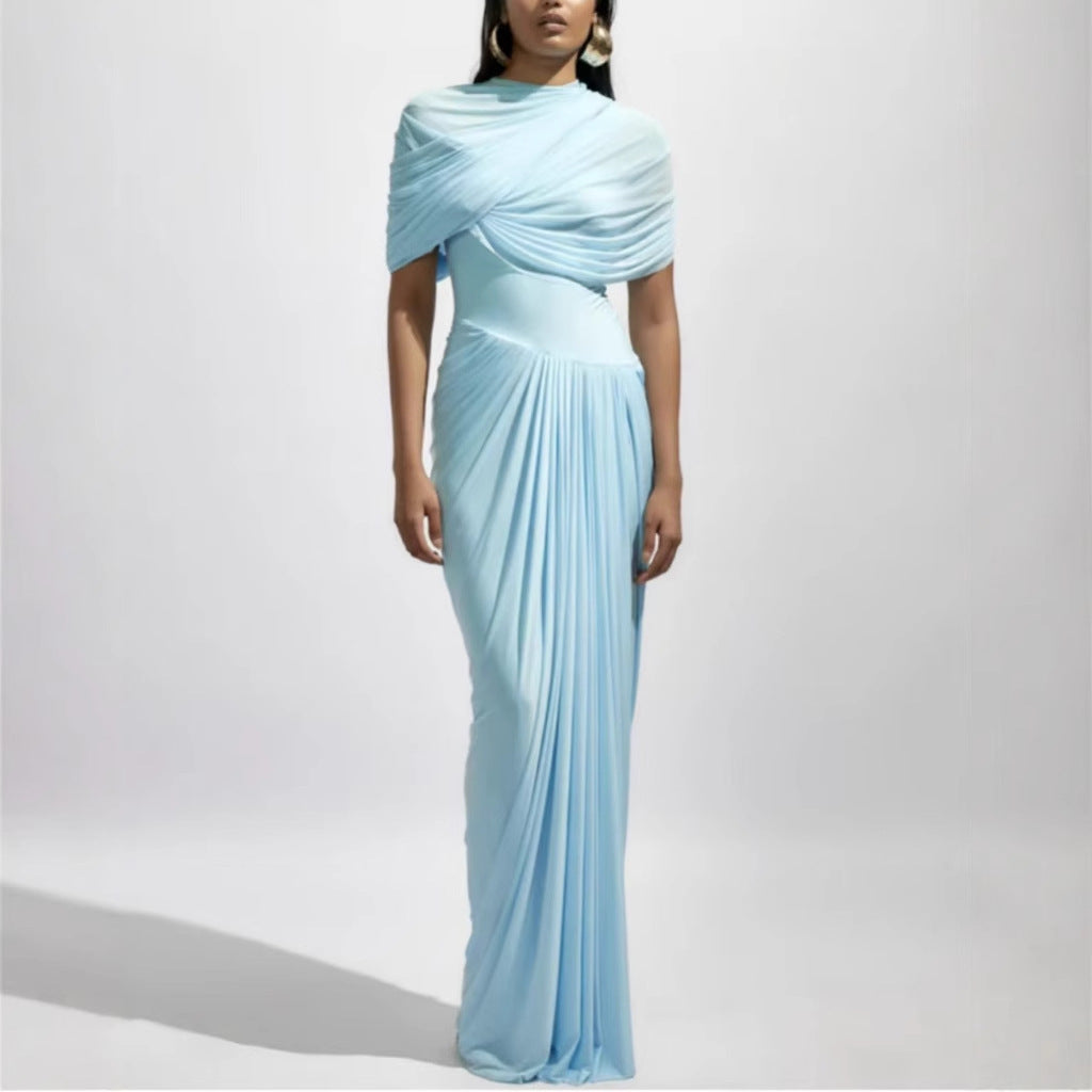 Spring Summer Skin Friendly Retro Shawl Ruffle Stand Cut Wrap Maxi Dress