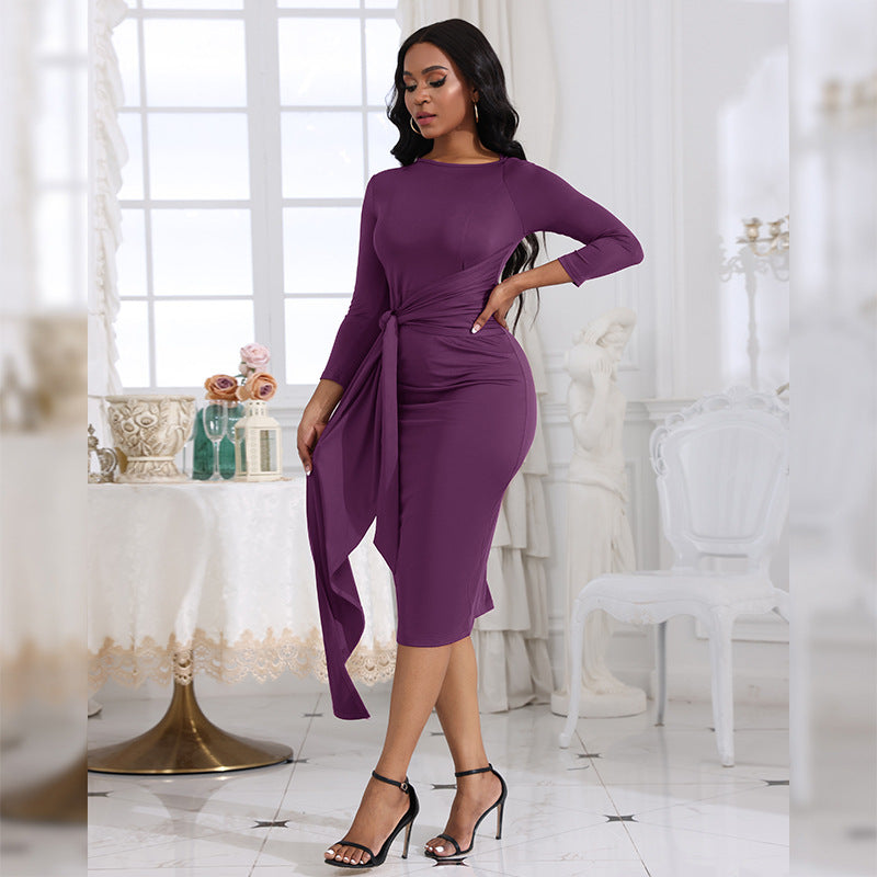 Sexy Nine Quarter Sleeve Pleated Bandage Dress Women Office Slimming Hip Raise Dress