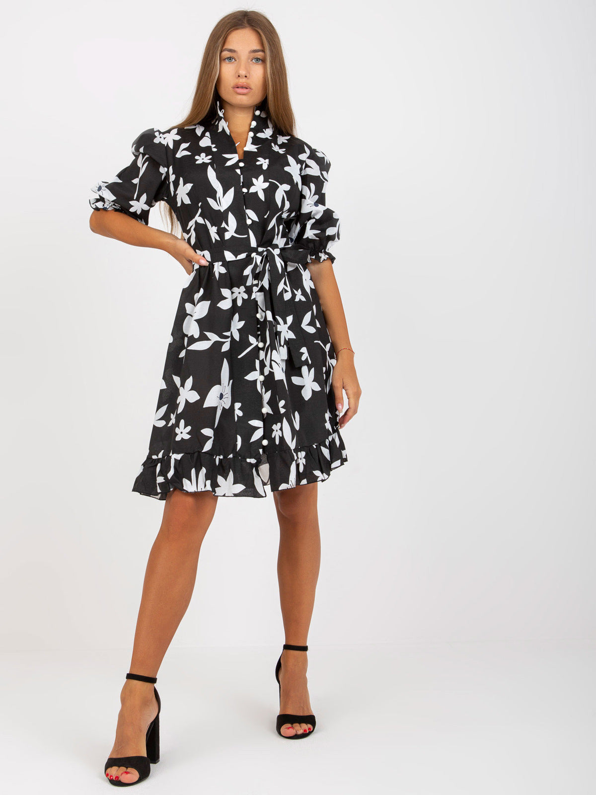 Floral Print Ruffle Collar Puff Sleeve Belted Ruffle Hem Mini Dress 5