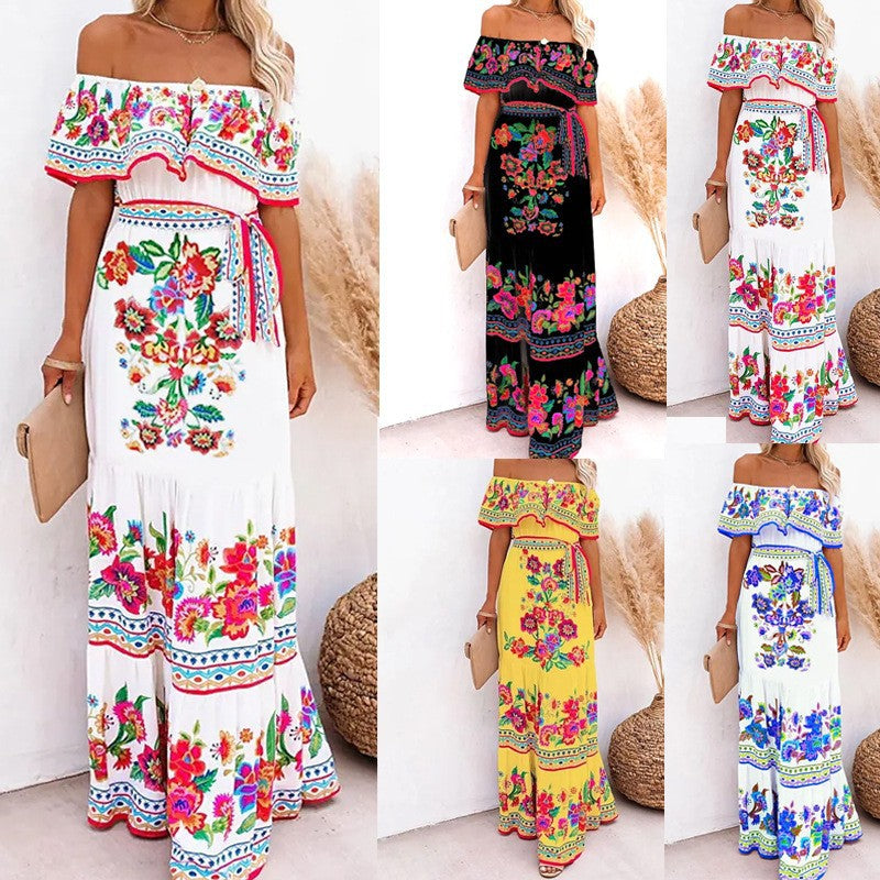 Off Shoulder Floral Ruffle Tiered Belted Maxi Dress 4