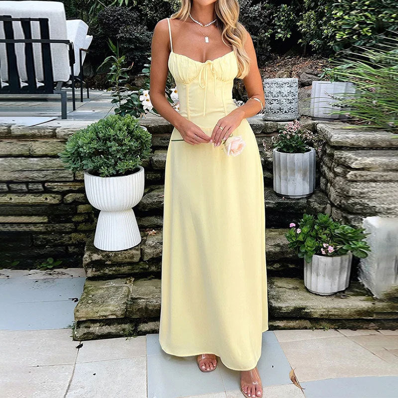 Spring Women Clothing Elegant Lace up A line Solid Color Sling Dress