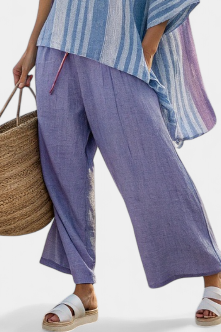 Striped V-Neck Short Sleeve Top and Wide Leg Pants Two Piece Set