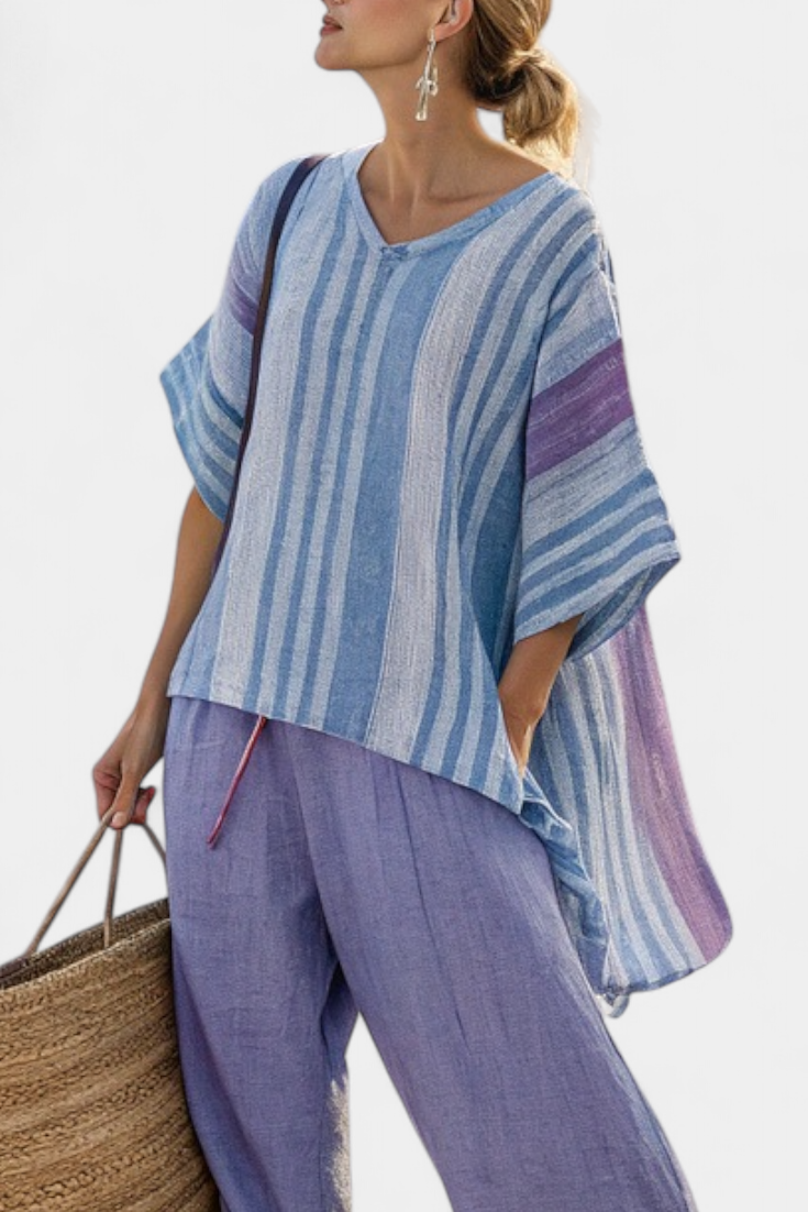 Striped V-Neck Short Sleeve Top and Wide Leg Pants Two Piece Set