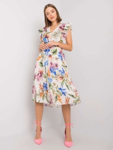 Eugenia Statement Women's Flower Ruffle Midi Dress Elevated Occasion Wear