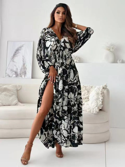 Tie Dye Print Deep V-Neck Batwing Sleeve High Split Maxi Dress 5