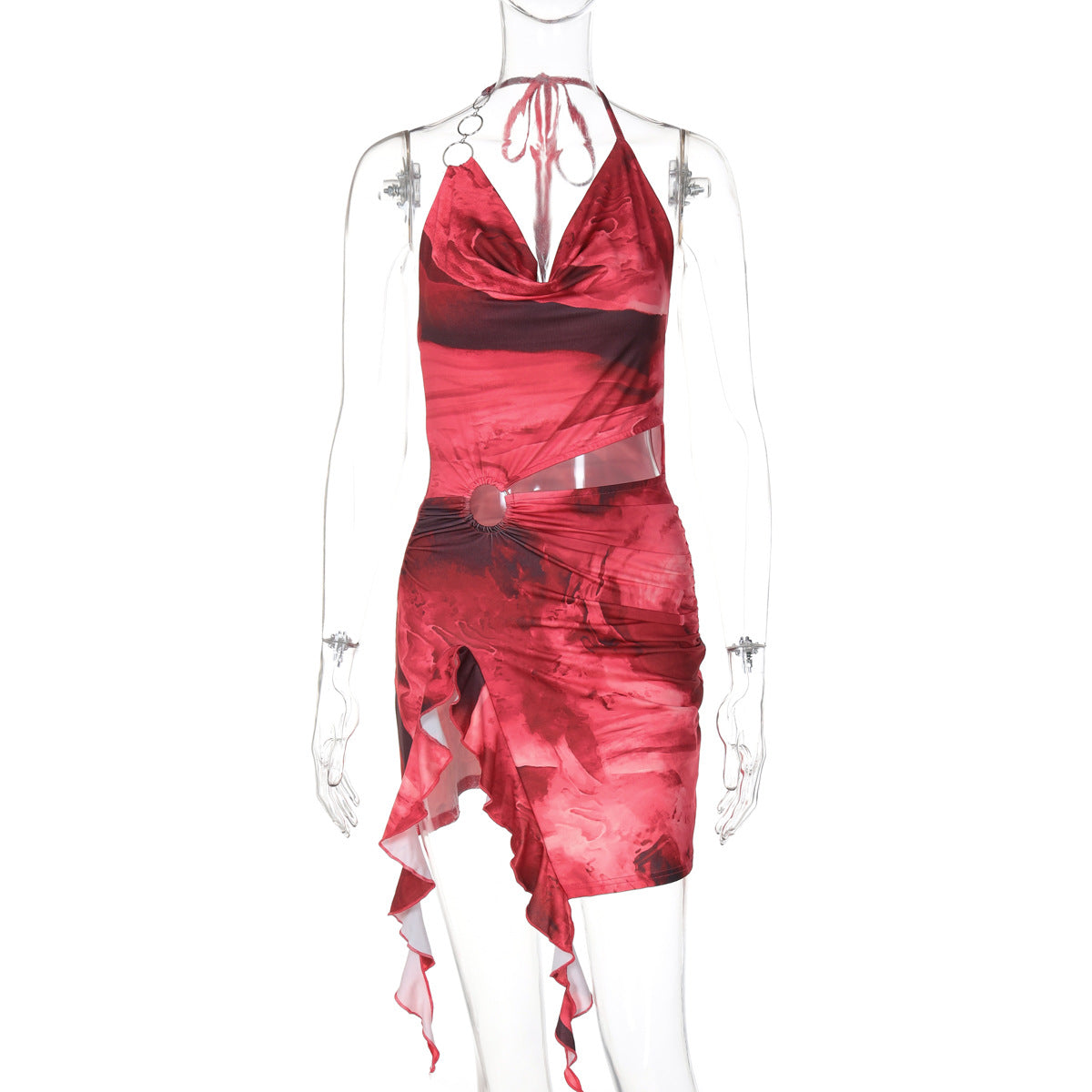 Abstract Print Mesh O Ring Cut Out Ruffle Hem Mini Dress 6