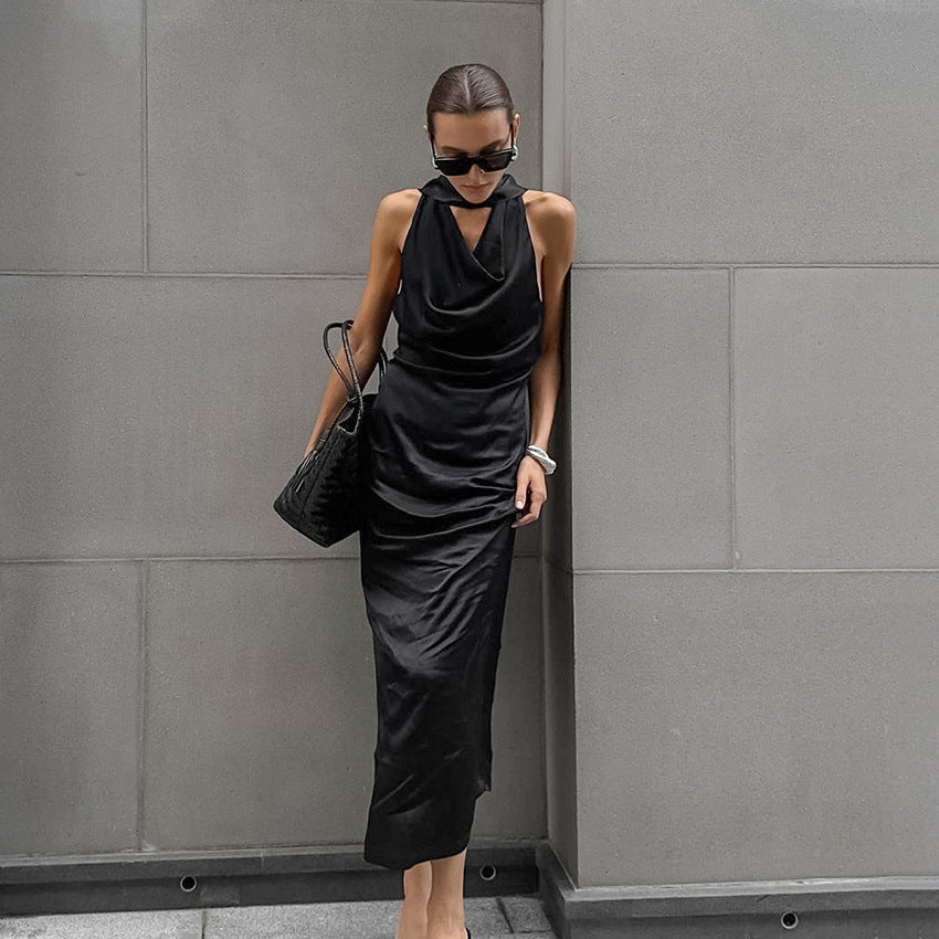 Black Thin Soft Matte Satin Swing Collar off Shoulder Dress - View 6