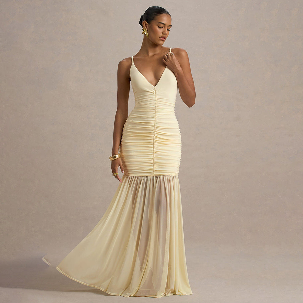 Mesh V-Neck Spaghetti Strap Ruched Mermaid Maxi Dress