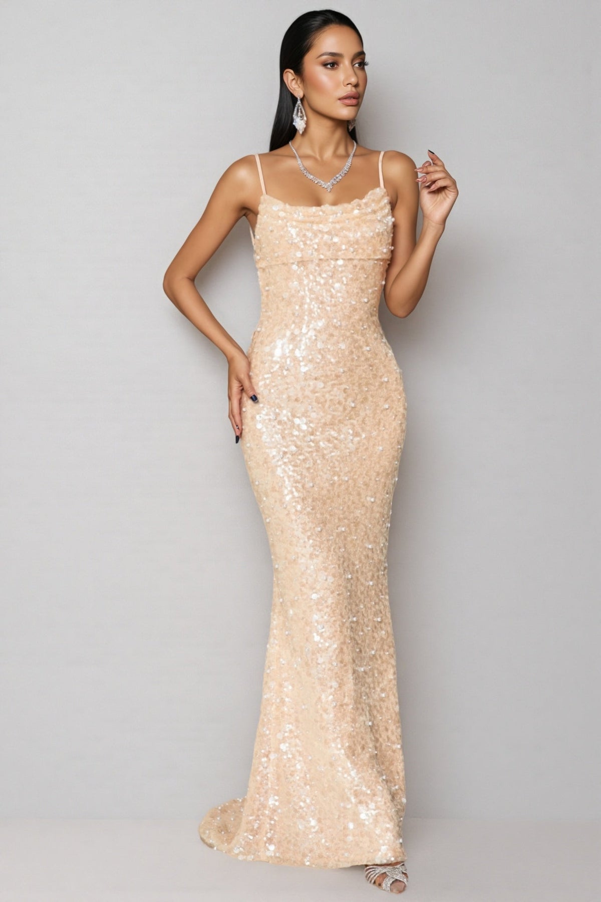 Cowl Neck Spaghetti Strap Sequin Mermaid Maxi Dress 5