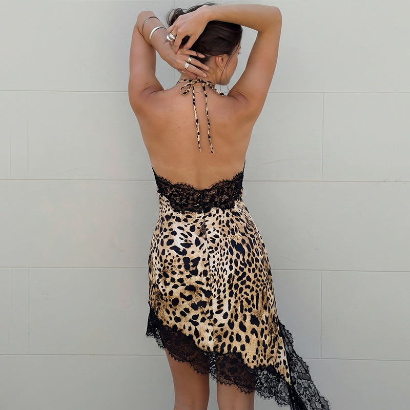 Leopard Print Satin Halter Neck Lace Trim Asymmetric Hem Mini Dress 2