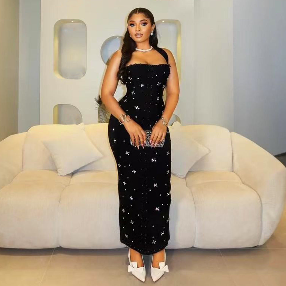 Sexy Halter Rhinestone Bandage One Piece Dress Socialite Gathering Dinner Dress