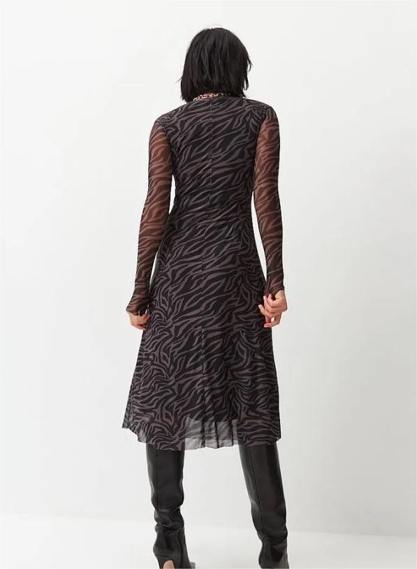 Leopard Print Mesh Long Sleeve Crew Neck Midi Dress 5