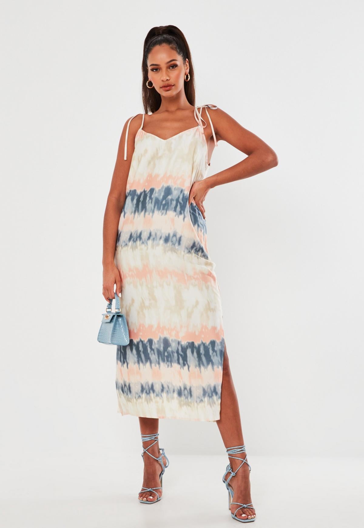 Tie Dye Striped Tie Shoulder Cami Side Split Midi Dress 6