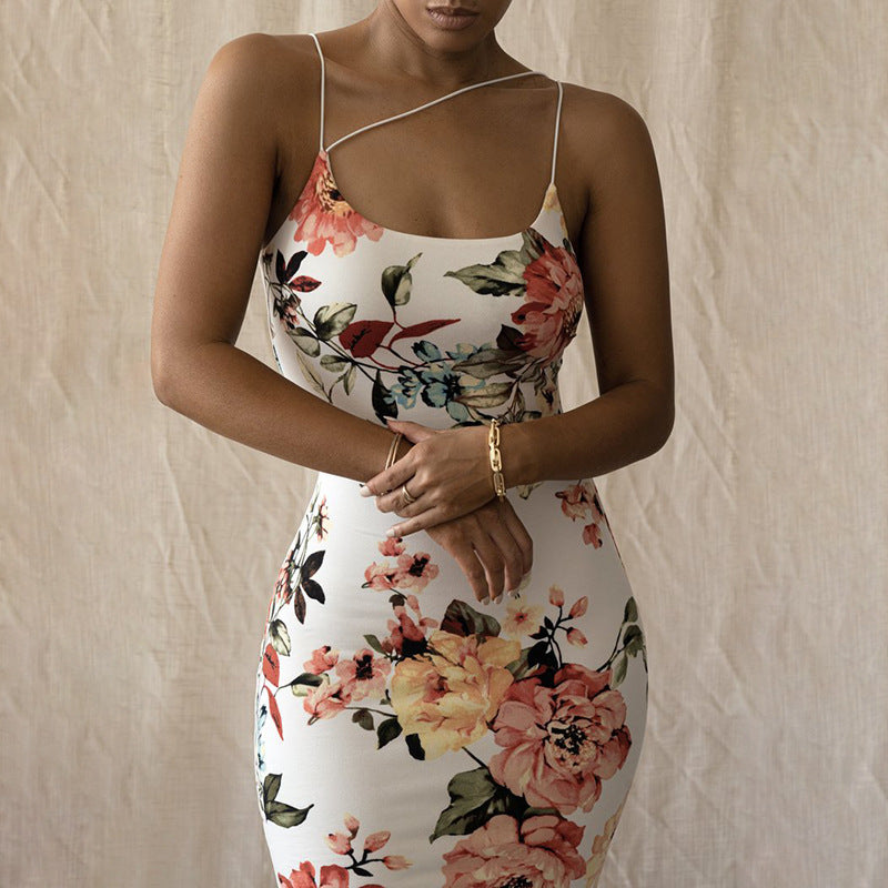 Floral Print Asymmetric Strap Scoop Neck Bodycon Midi Dress 2