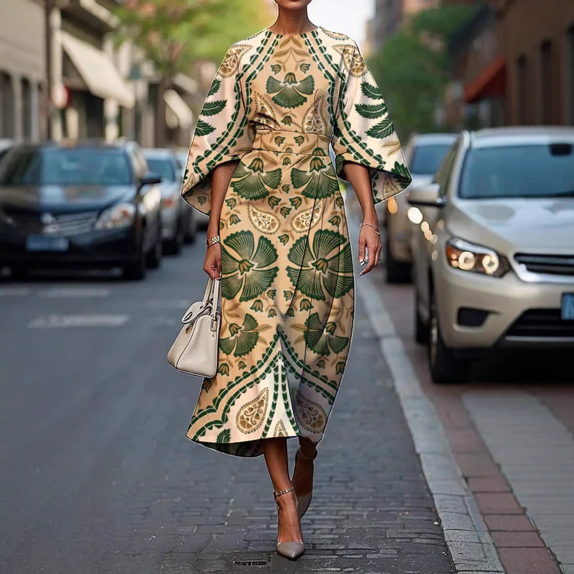 Zoraida - Stylish Batwing Sleeve Long Dress Beige Green