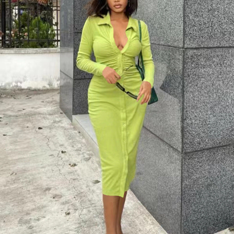 Ruched Bust Deep V-Neck Long Sleeve Button Front Collared Midi Shirt Dress 4