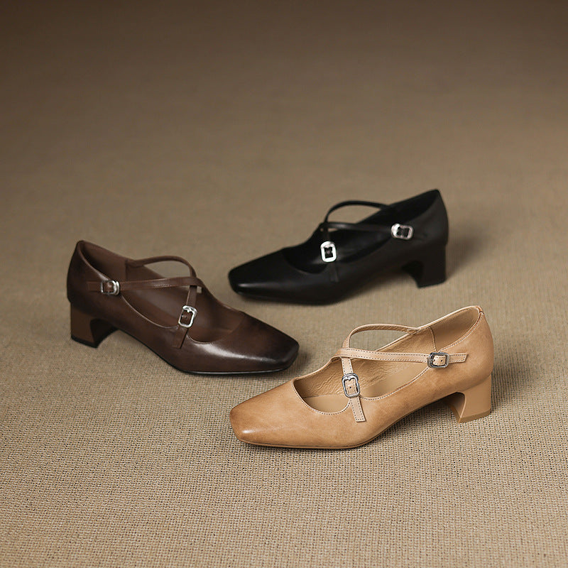 Square Toe Double Buckle Strap Block Heel Mary Jane Pumps