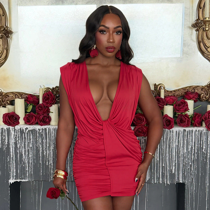 Deep V-Neck Sleeveless Twist Front Ruched Shoulder Pad Bodycon Mini Dress 2