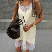 Linen Look Lace Trim Spaghetti Strap Slip Mini Dress 6