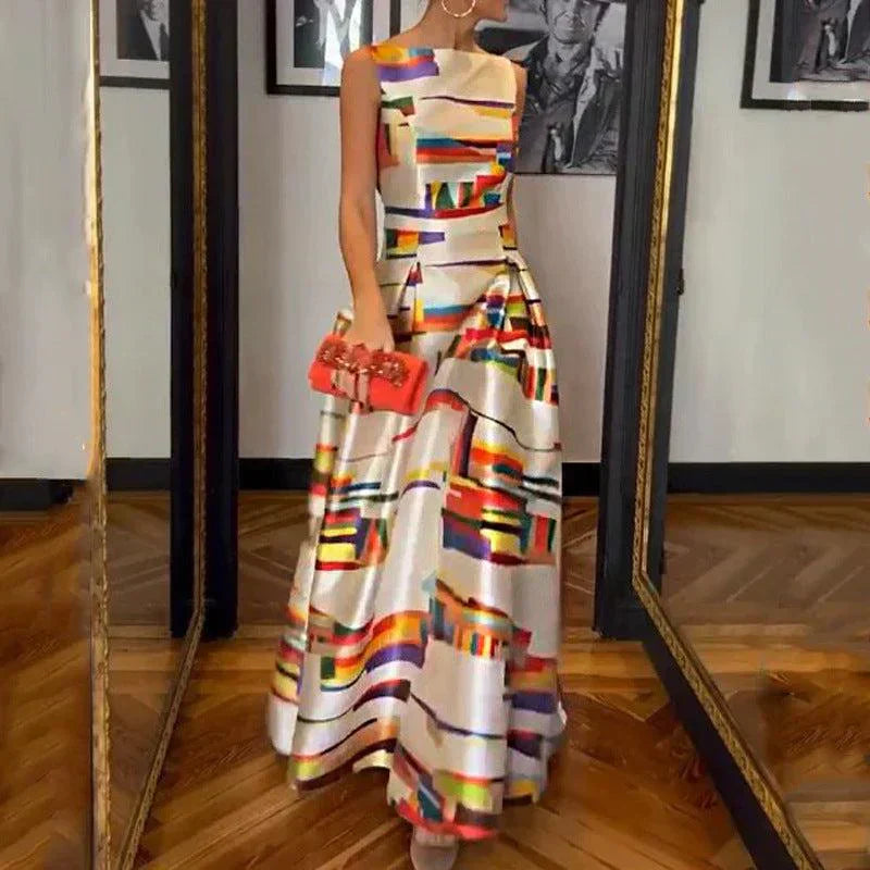 Abstract Print Boat Neck Sleeveless Pleated Ballgown Maxi Dress