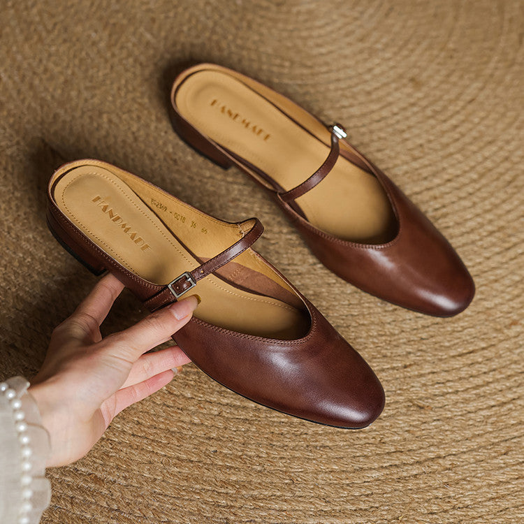 Round Toe Ankle Strap Low Block Heel Mary Jane Flats