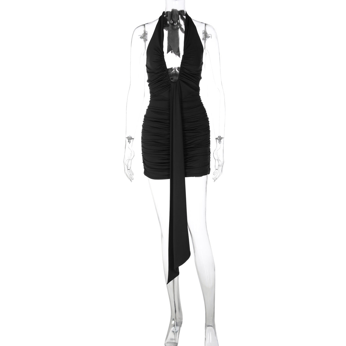 Plunging Halter Neck Ruched Draped Sash Bodycon Mini Dress 2