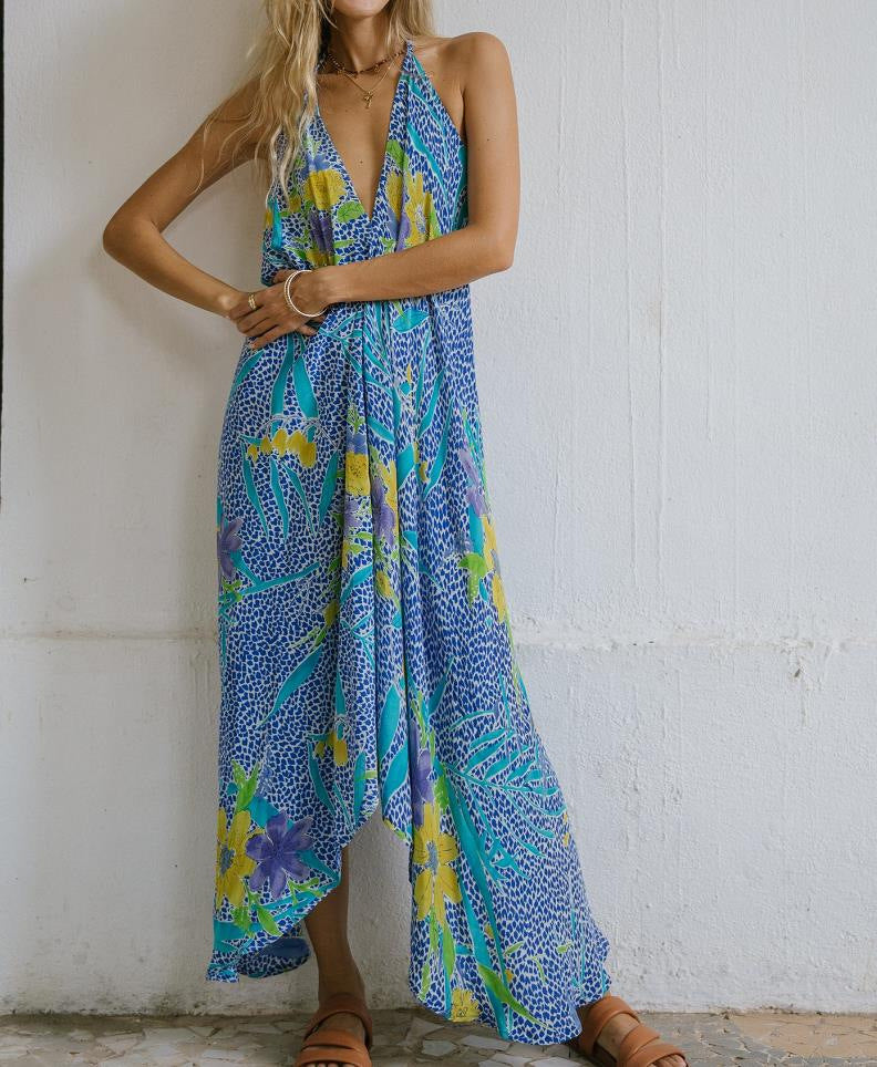 Tie Dye Deep V-Neck Sleeveless Backless Asymmetric Hem Midi Dress 11