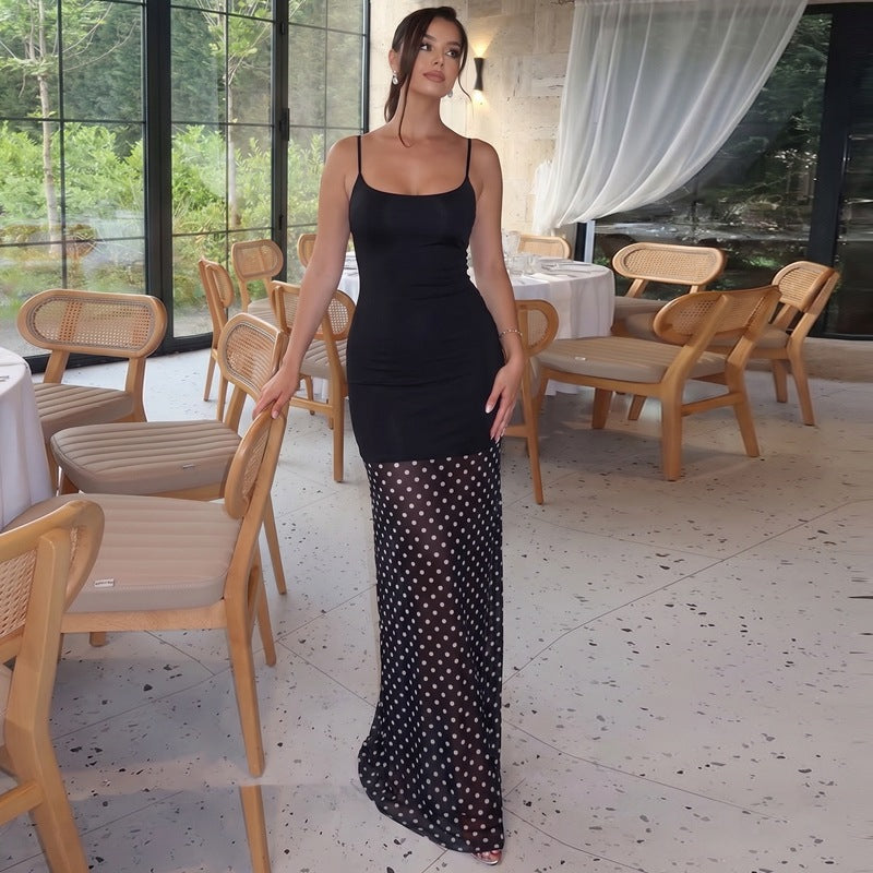 Polka Dot Sheer Mesh Skirt Spaghetti Strap Bodycon Maxi Dress