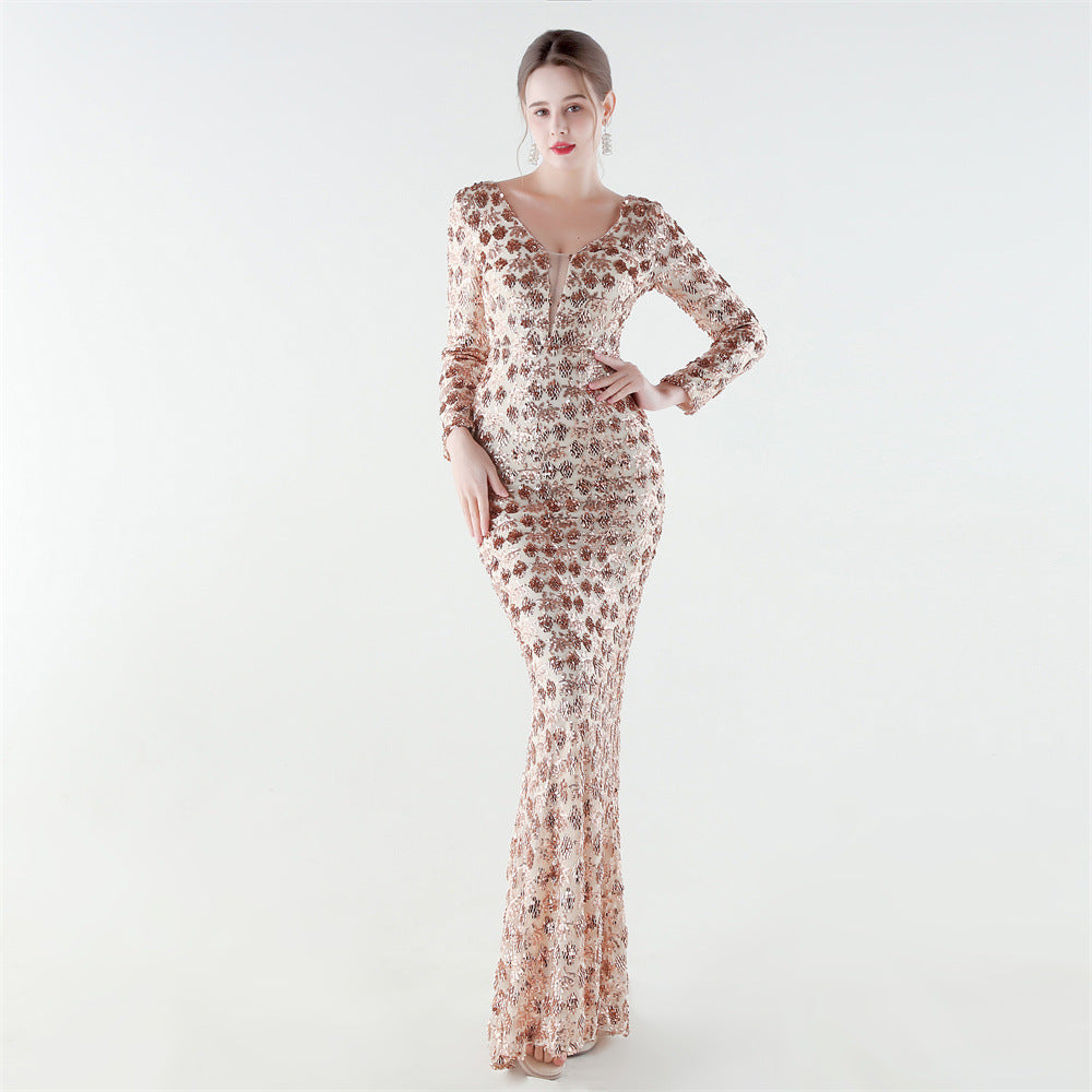 Heavy Industry Sequin V neck Fishtail Evening Dress High End Luxury Cocktail Party Host Dress