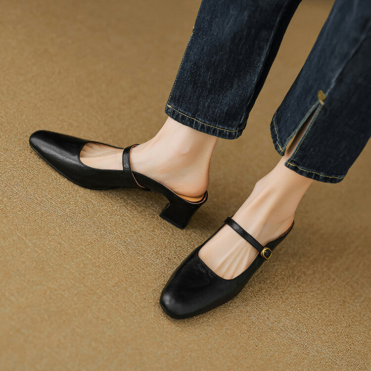 Square Toe Buckle Block Heel Mary Jane Mules