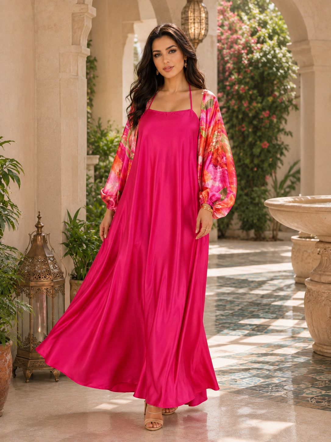 Rose Red Strap Dress Stitching Floral Printed Cardigan Dress Women Elegant Loose Large Swing