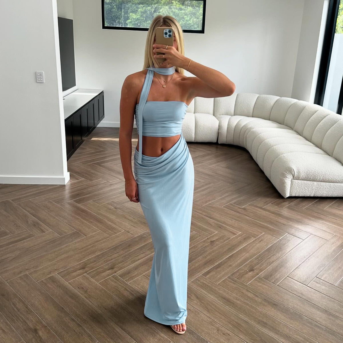 Strapless Bandeau Top and Ruched Maxi Skirt Two Piece Set with Neck Scarf
