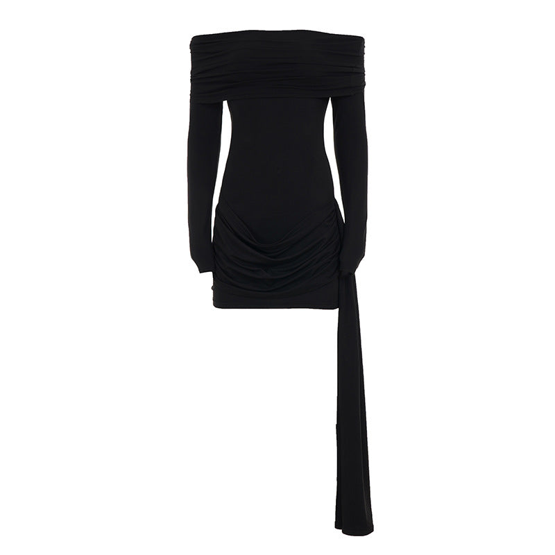 Off Shoulder Foldover Long Sleeve Ruched Drape Tie Bodycon Mini Dress 2