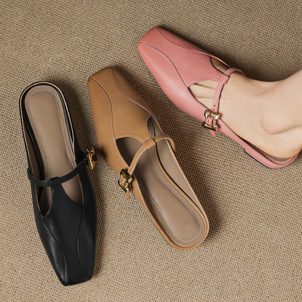 Square Toe Buckle Strap Cut Out Block Heel Mules