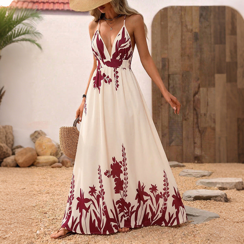 Floral Print Deep V-Neck Cami Backless A-Line Swing Maxi Dress