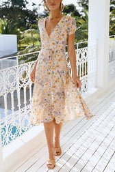 Floral V-Neck Short Sleeve Wrap Midi Dress Summer
