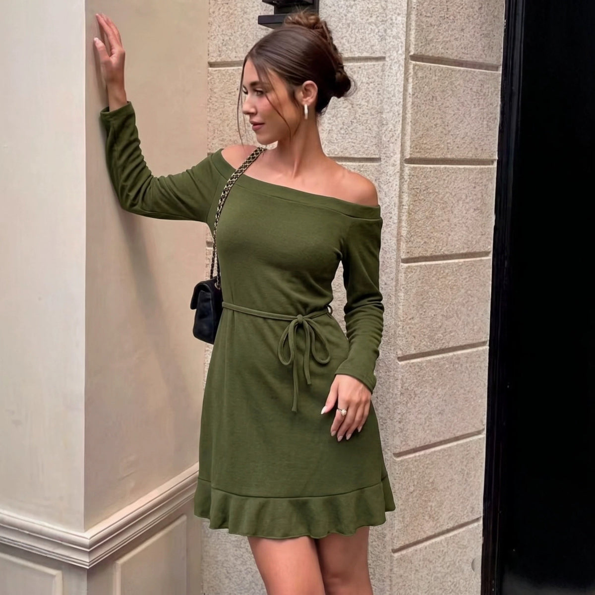 Fall Winter off Shoulder Lace up Knitted Dress Sweater