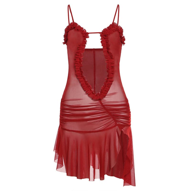 Sheer Mesh Ruffle Trim Cut Out Ruched Asymmetric Strap Mini Dress 3