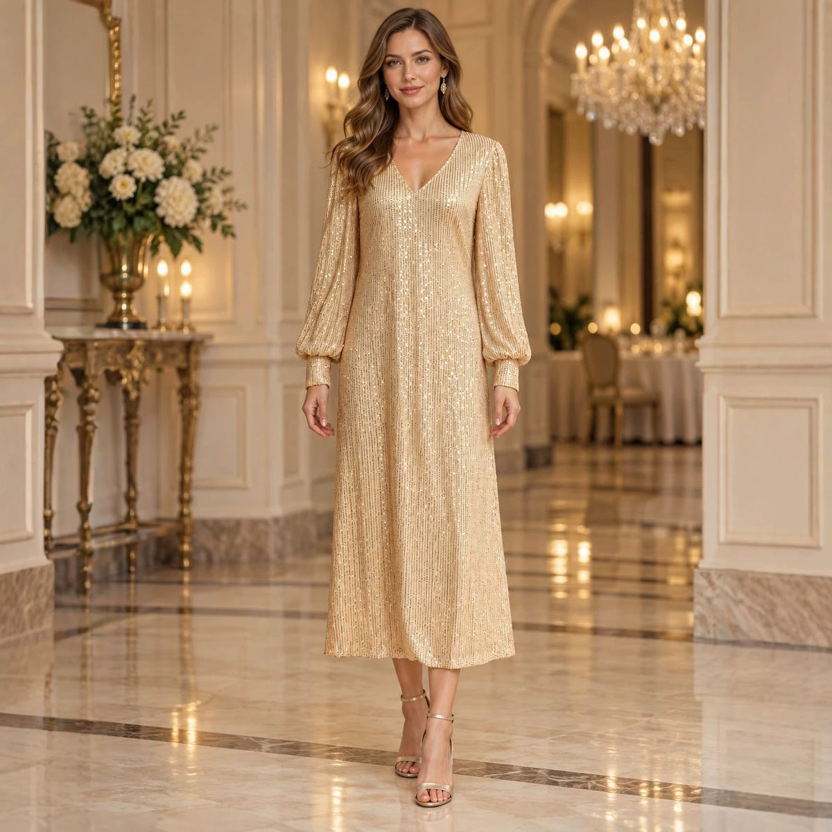 Women Clothes Sexy Lantern Sleeve Loose Sequ Dress