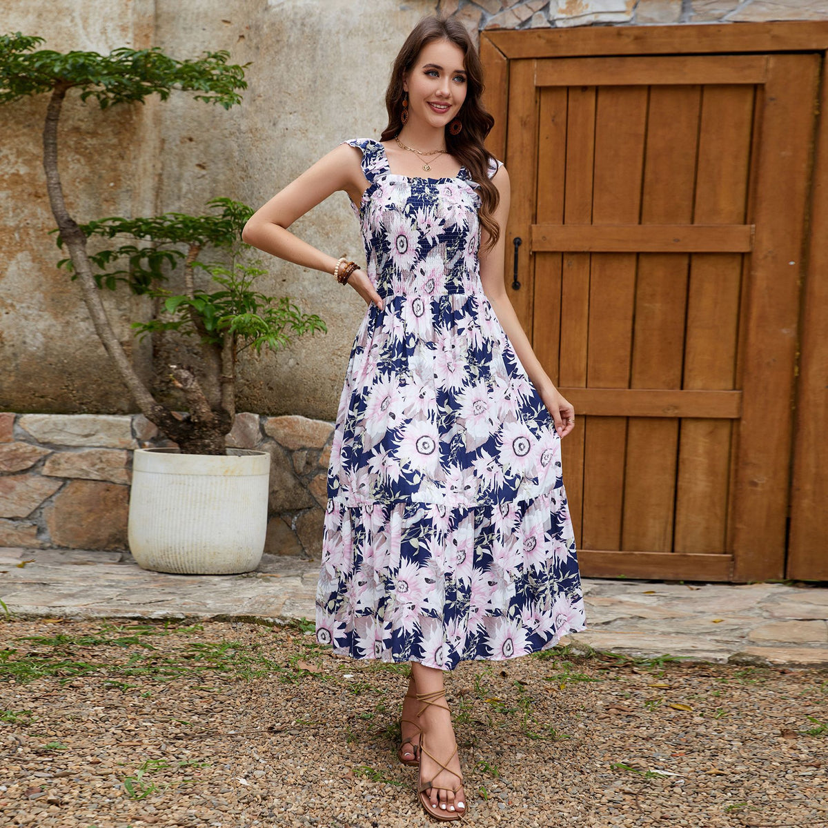 Floral Print Smocked Square Neck Ruffle Strap Tiered Midi Dress 2