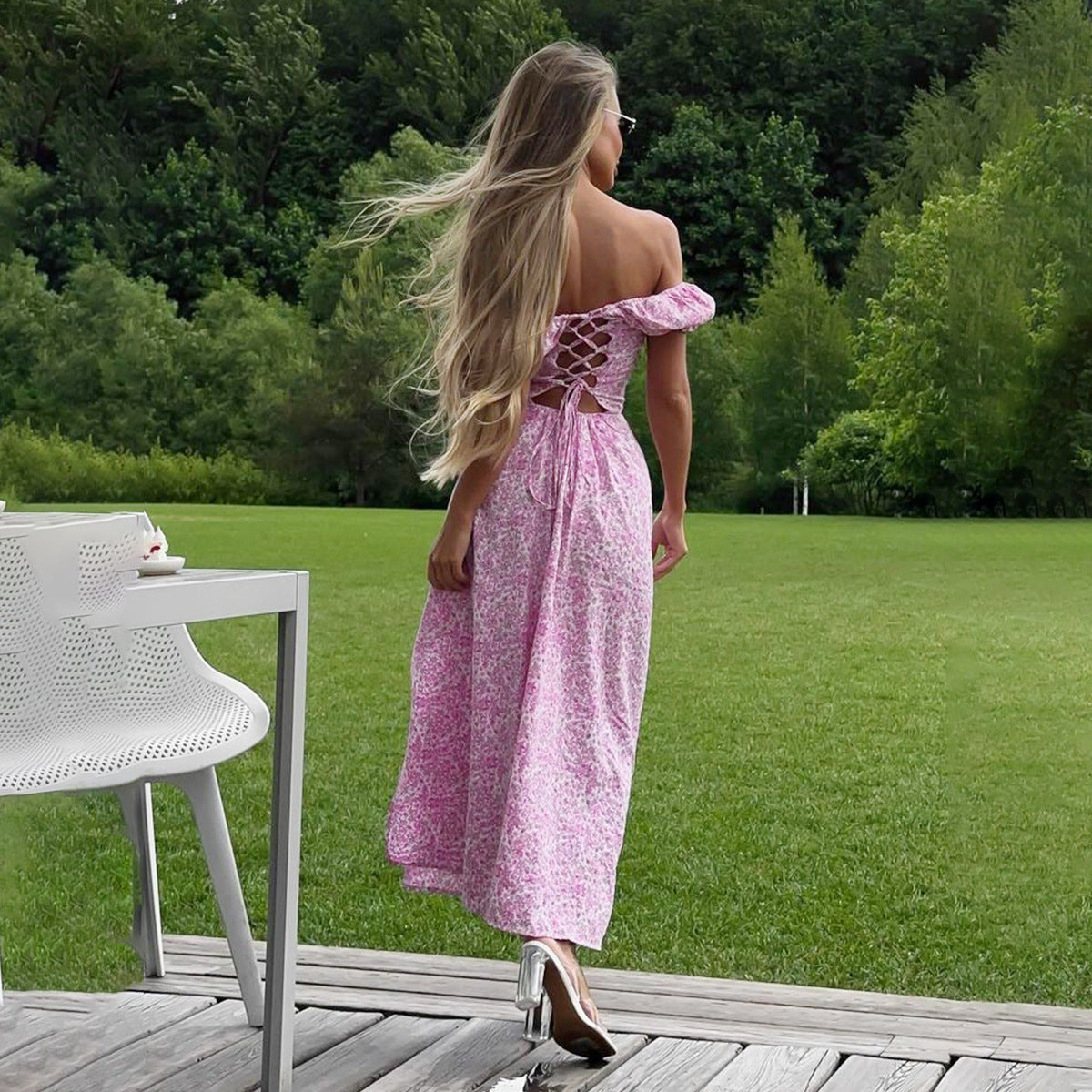 Floral Off Shoulder Puff Sleeve High Split Maxi Dress 4