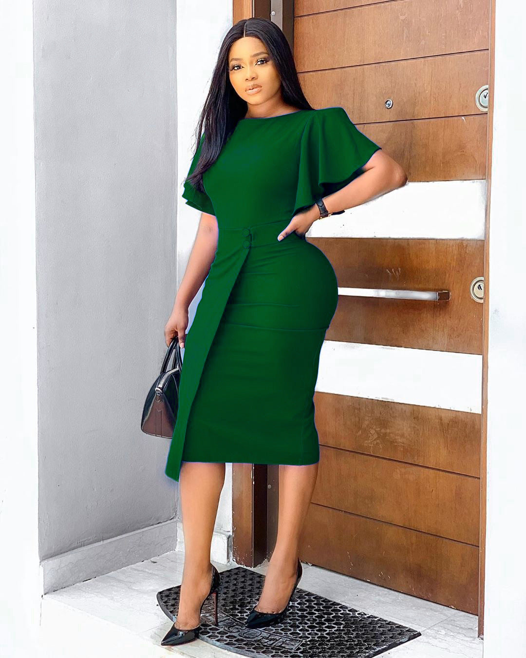 Crew Neck Ruffle Flutter Sleeve Wrap Front Sheath Midi Dress 8