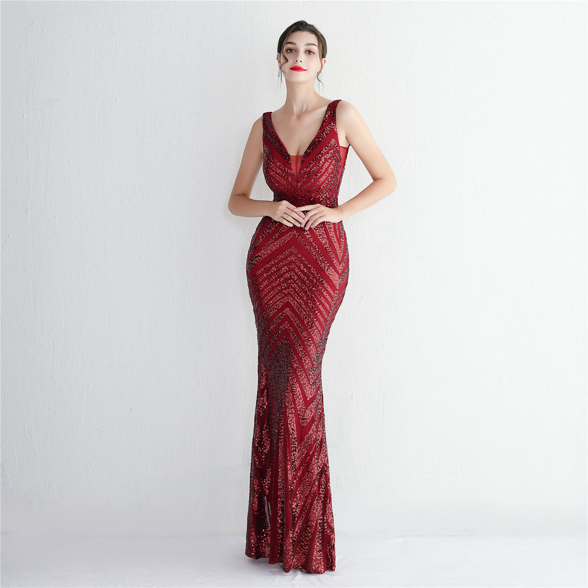 Chevron Sequin V-Neck Sleeveless Mermaid Evening Gown 7