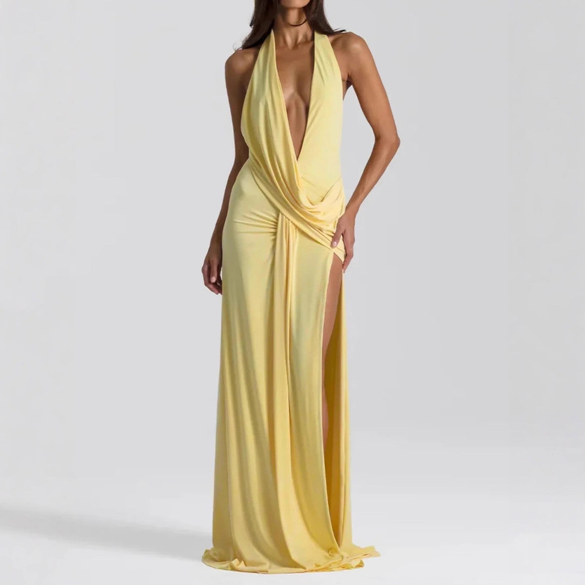 Deep V-Neck Halter Draped Wrap High Split Backless Maxi Dress