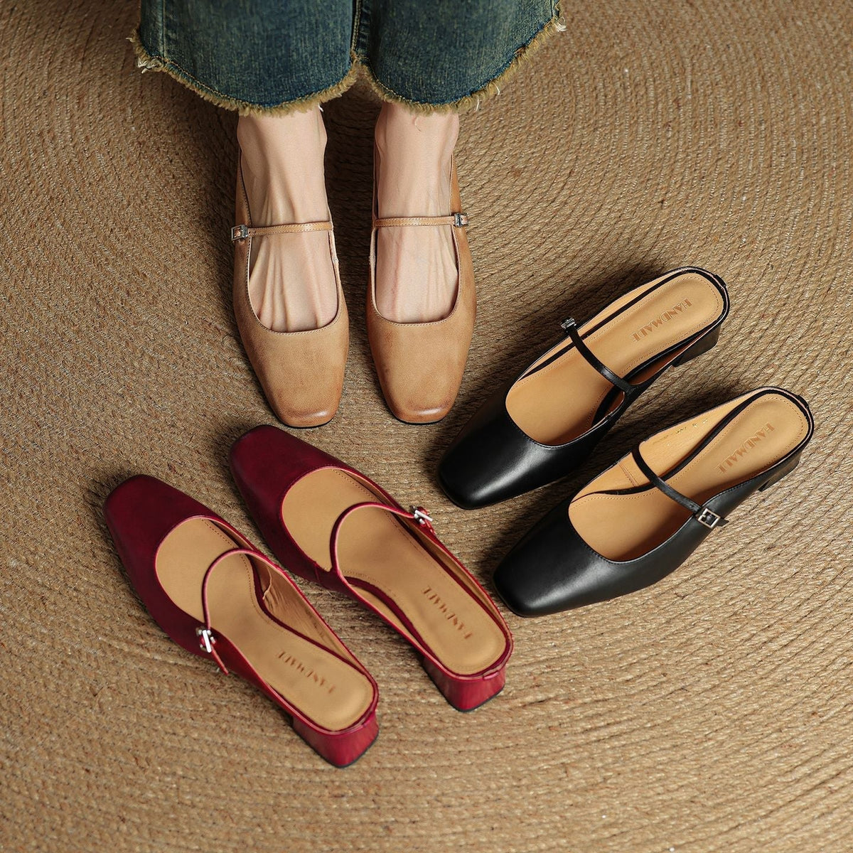 Square Toe Buckle Strap Block Heel Mary Jane Mules