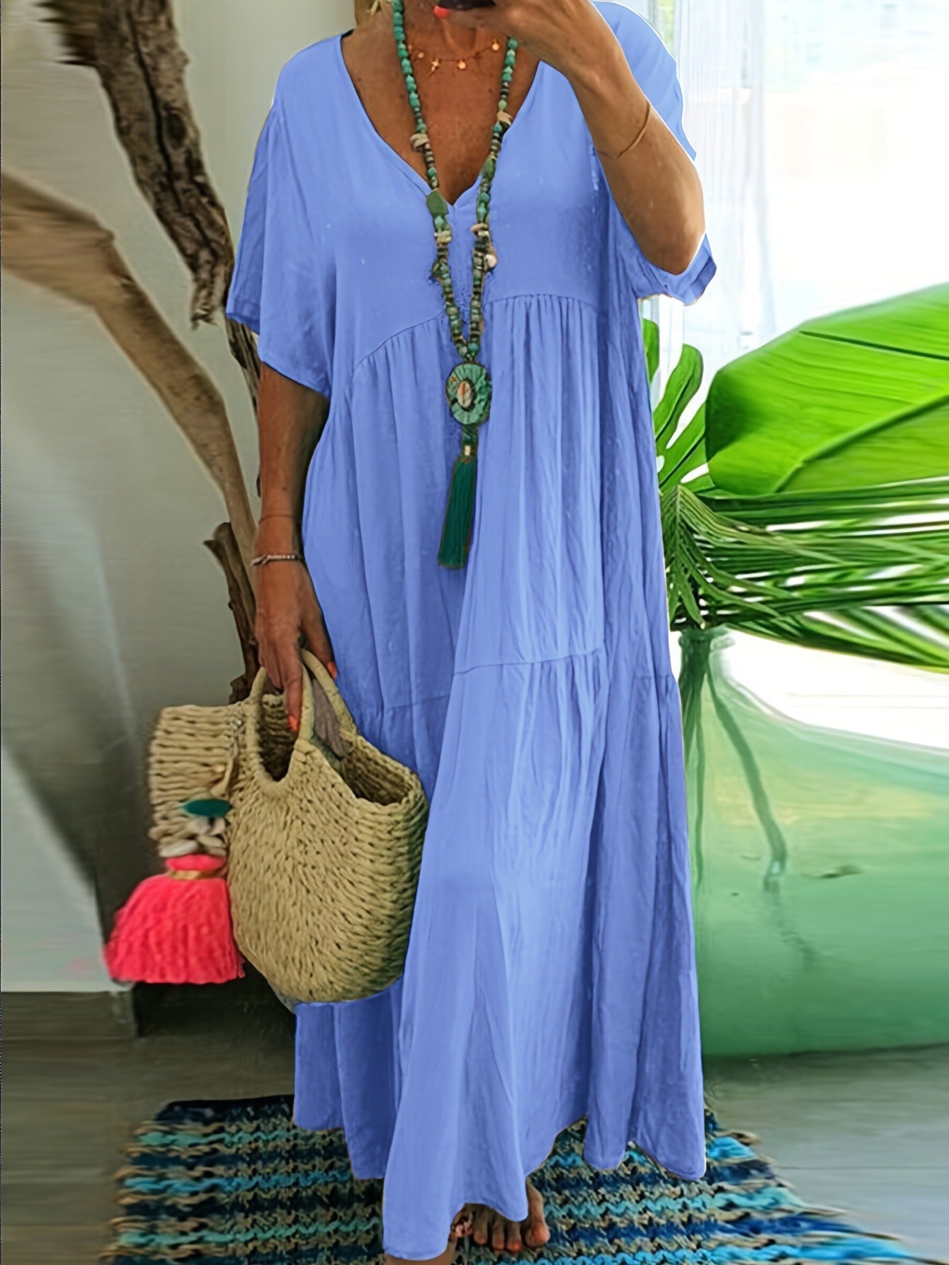 V-Neck Short Sleeve Tiered Linen Maxi Dress 11