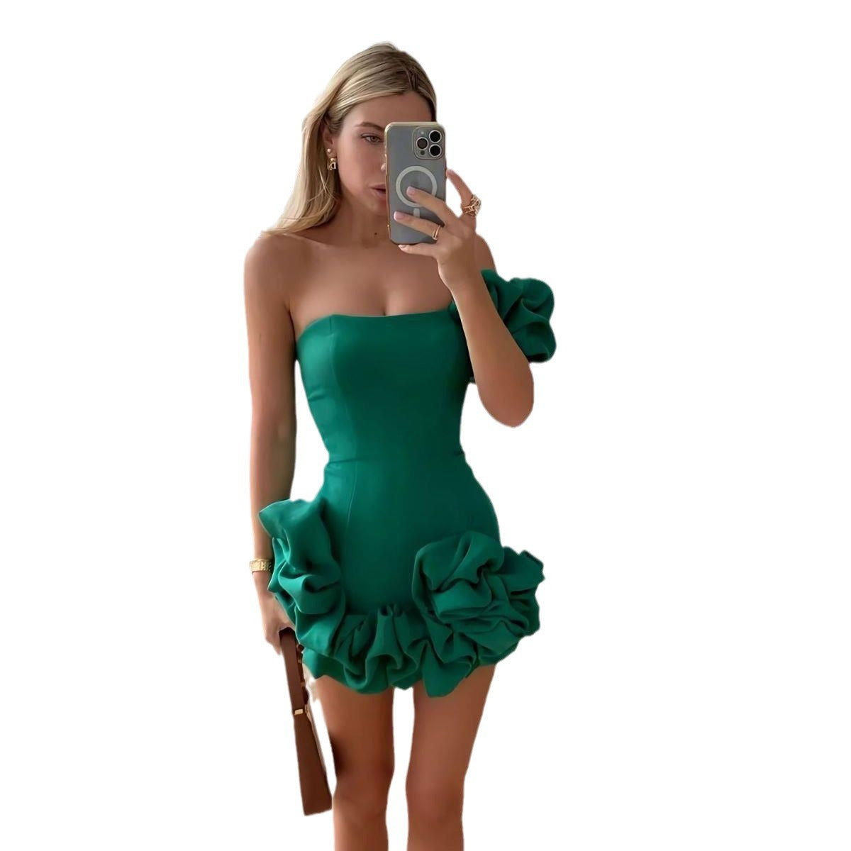 Square Neck Petal Ruffle Hem Bodycon Mini Dress 5